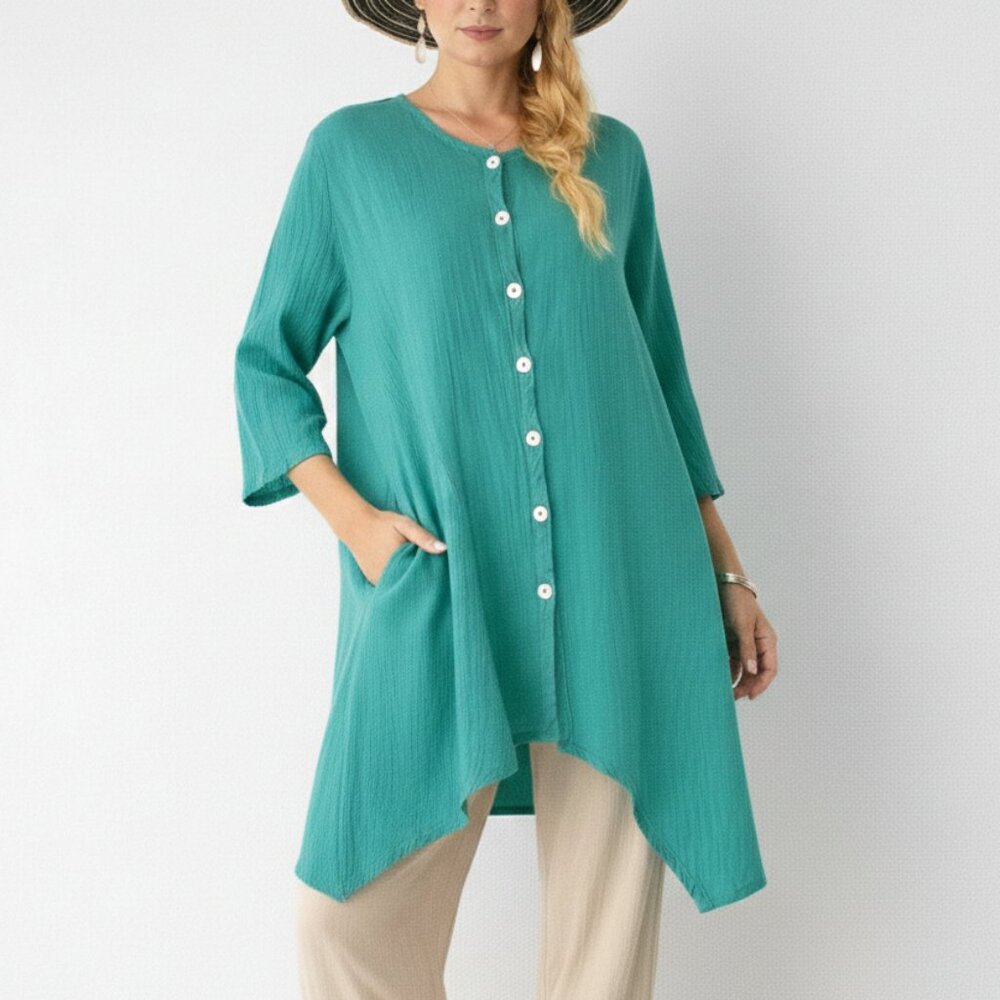 Oh My Gauze! Lagenlook Tunic Short Dress Button Up Handkerchief Whimsical Teal